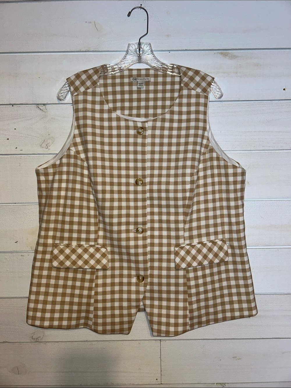 Cato Gingham Button-Front Vest PLUS in Beige and White